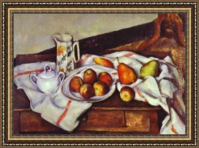 Pear Framed Paintings - Still Life with Peaches and Pears by Paul Cezanne
