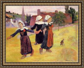 Girl at Piano Framed Paintings - Breton Girls Dancing by Paul Gauguin