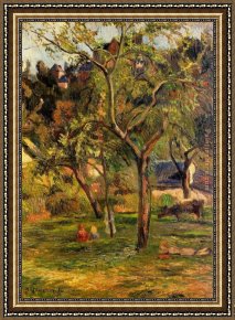 Cattle in a Pasture Framed Paintings - Children in the Pasture by Paul Gauguin