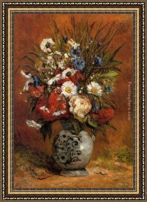 Floral Still Life in a Blue And White Porcelain Vase Framed Paintings - Daisies and Peonies in a Blue Vase by Paul Gauguin