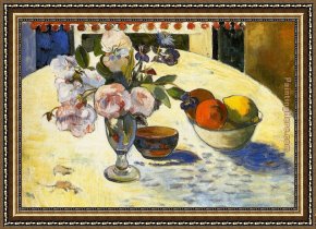 Paul Gauguin Framed Paintings - Flowers in a Fruit Bowl by Paul Gauguin