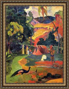 Western Landscape Framed Paintings - Landscape with Peacocks by Paul Gauguin