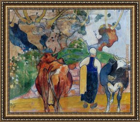 An Autumn Landscape with Cows Near a Stream Framed Paintings - Peasant Woman and Cows in a Landscape by Paul Gauguin