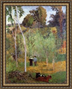 Shepherd Framed Paintings - Shepherd and Shepherdess in a Meadow by Paul Gauguin