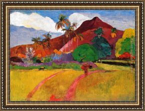 Landscape with a Lake Framed Paintings - Tahitian Landscape by Paul Gauguin