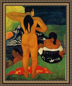 Woman with a Parasol 1 Framed Paintings - Tahitian Women Bathing by Paul Gauguin