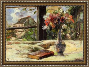 The Blue Window Framed Paintings - Vase of Flowers and Window by Paul Gauguin