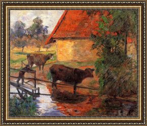 Cattle Watering at Dusk Framed Paintings - Watering Place by Paul Gauguin