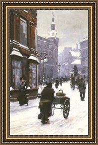 A Farmyard Scene in Winter Framed Paintings - A Street Scene In Winter, Copenhagen by Paul Gustave Fischer