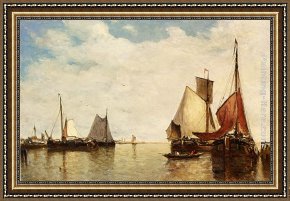 Sydney Harbour Framed Paintings - Moored Ships In A Small Harbour by Paul-Jean Clays