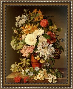 Totes Meer Mit Moabitergebirge, Abendstimmung Framed Paintings - Stilleben Mit Blumen by Pauline Koudelka-Schmerling