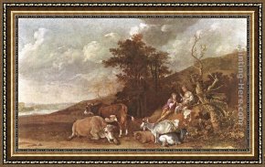 Shepherd Framed Paintings - Landscape with Shepherdess and Shepherd Playing Flute by Paulus Potter