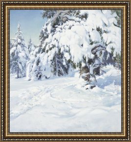 A Winter Landscape with Skaters Near a Village Framed Paintings - Winter Landscape by Peder Knudsen