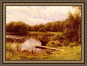 Boat Framed Paintings - A Boat Moored On A Quiet Lak by Peder Mork Monsted