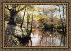 Landscape with a Lake Framed Paintings - A River Landscape in Springtime by Peder Mork Monsted