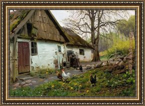 Whiteback Chicken Framed Paintings - Bromolle Farm with Chickens by Peder Mork Monsted