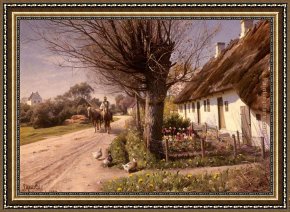 Cottage,rainbow,mill Framed Paintings - Cottages At Hjornbaek by Peder Mork Monsted