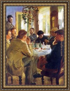 Nina Con Flor Framed Paintings - Almuerzo con pintores de Skagen by Peder Severin Kroyer