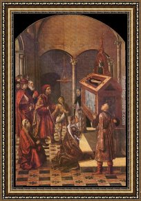 Saints Framed Paintings - The Tomb of Saint Peter Martyr by Pedro Berruguete