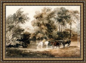 Pools of Serenity Framed Paintings - Horses Drinking At A Pool by Peter de Wint