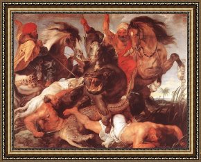Departure to The Hunt Framed Paintings - Hippopotamus and Crocodile Hunt by Peter Paul Rubens