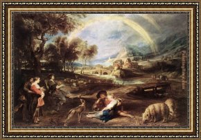 Cottage,rainbow,mill Framed Paintings - Landscape with a Rainbow by Peter Paul Rubens