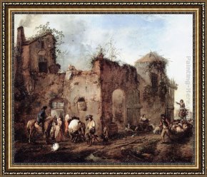 A Mediterranean Courtyard Framed Paintings - Courtyard with a Farrier Shoeing a Horse by Philips Wouwerman