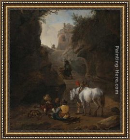The White Horse Framed Paintings - Peasants Playing Cards by a White Horse in a Rocky Gully by Philips Wouwerman