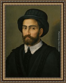 Portrait of a Young Man (detail) Framed Paintings - Portrait of a man Bust Length Wearing a Black Coat and Hat by Pier Francesco Di Jacopo Foschi