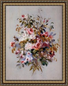 A Bouquet of Roses And Other Flowers in a Glass Goblet with a Chinese Lacquer Box And a Nautilus Cup on a Red Velvet Draped Table Framed Paintings - A Bouquet Of Roses by Pierre Auguste Renoir