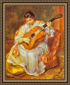Renoir Framed Paintings - A Woman Playing the Guitar by Pierre Auguste Renoir
