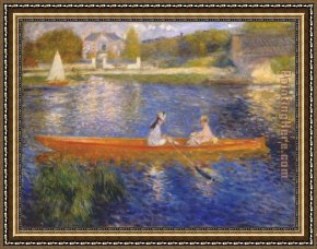 Bank Framed Paintings - Banks of the Seine at Asnieres I by Pierre Auguste Renoir