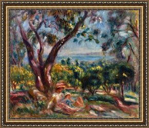 Child Framed Paintings - Cagnes Landscape with Woman and Child by Pierre Auguste Renoir