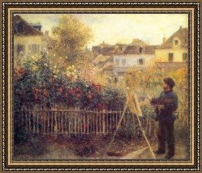 Argenteuil Framed Paintings - Claude Monet Painting in his Garden at Argenteuil by Pierre Auguste Renoir