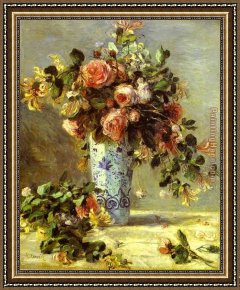 The Broken Vase Framed Paintings - Roses and Jasmin in a Delft Vase by Pierre Auguste Renoir