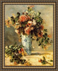 The Broken Vase Framed Paintings - Roses And Jasmine In A Delft Vase by Pierre Auguste Renoir