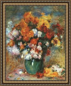 The Broken Vase Framed Paintings - Vase of Chrysanthemums by Pierre Auguste Renoir