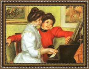 Boy Playing Flute Framed Paintings - Yvonne and Christine Lerolle Playing the Piano by Pierre Auguste Renoir