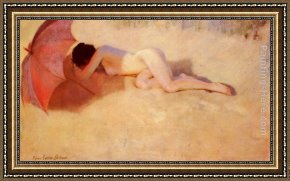 Parasol Framed Paintings - Nu Sous Un Parasol by Pierre Carrier-Belleuse