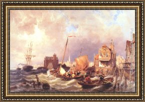 Sydney Harbour Framed Paintings - Shipping before a Dutch Harbour Town by Pieter Christian Dommerson