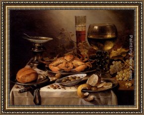 A Bouquet of Roses And Other Flowers in a Glass Goblet with a Chinese Lacquer Box And a Nautilus Cup on a Red Velvet Draped Table Framed Paintings - Banquet Still Life With A Crab On A Silver Platter, A Bunch Of Grapes, A Bowl Of Olives, And A Peeled Lemon All Resting On A Draped Table by Pieter Claesz