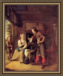 Man with Scythe Framed Paintings - A Man Offering a Glass of Wine to a Woman by Pieter de Hooch