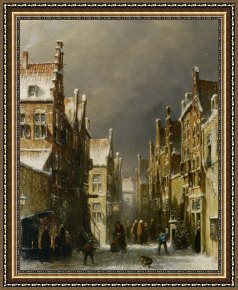 Village Street And Stairs with Figures Framed Paintings - Figures in the Snow Covered Streets of a Dutch Town by Pieter Gerard Vertin