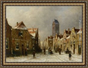 Village Street And Stairs with Figures Framed Paintings - Figures in the streets of a snow covered dutch town by Pieter Gerard Vertin