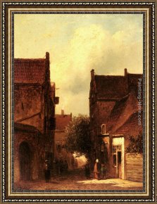 Village Street And Stairs with Figures Framed Paintings - Street Scene With Figures, Possibly Rotterdam by Pieter Gerard Vertin