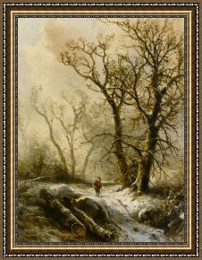 Figure Modern Framed Paintings - A Figure in a Snowy Forest Landscape by Pieter Lodewijk Francisco Kluyver