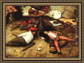 Elders Framed Paintings - The Land of Cockayne by Pieter the Elder Bruegel
