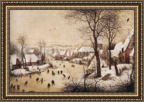 Elders Framed Paintings - Winter Landscape with Skaters and Bird Trap by Pieter the Elder Bruegel