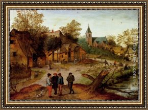 A Winter Landscape with Skaters Near a Village Framed Paintings - A Village Landscape With Farmers by Pieter the Younger Brueghel
