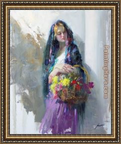 Waterhouse Gather Flower Girls Framed Paintings - FLOWER MARKET GIRL by Pino